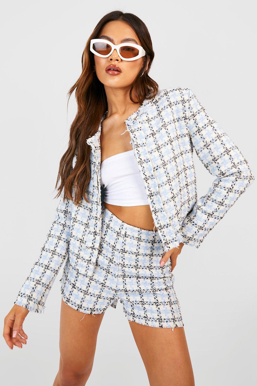 Pastel Tweed Frayed Edge Cropped Blazer